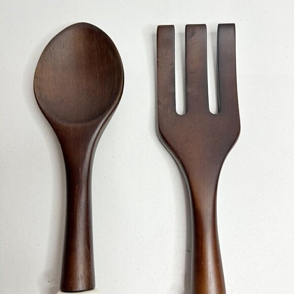Wooden Salad Serving Fork Spoon Set w/ Porcelain Floral/Bird Handles 13" - Picture 2 of 8